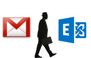Gmail logo and Office 365 logo with man in the middle.
