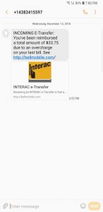 Phone screenshot of the Bell Mobile INTERAC E-Transfer scam.